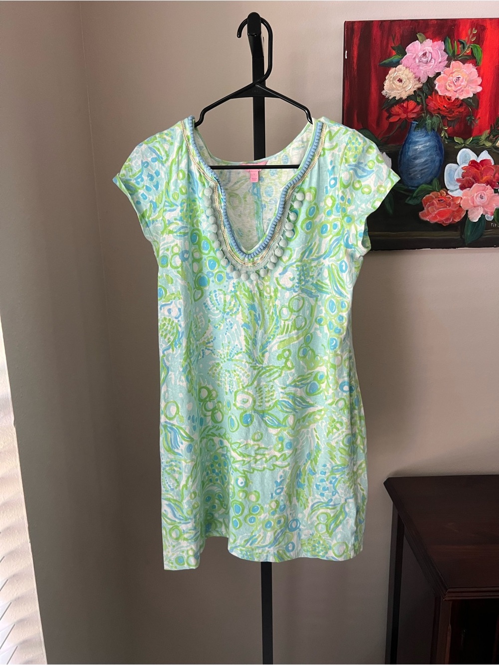 Lilly Pulitzer Harper Pompom  Light Blue & Green Beaded V-Neck Mini Dress